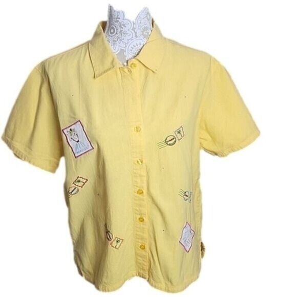 Bobbie Brooks Top Vacation Embroidery Yellow Cotton Short Sleeve Women's Large - Picture 1 of 6